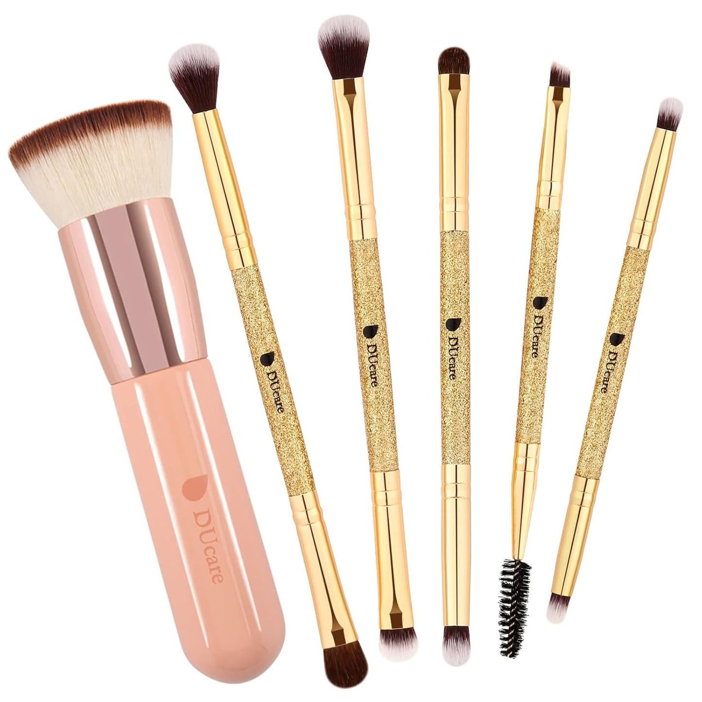 Flat Top Kabuki Foundation Brush + 5Pcs Eyeshadow Brush Set Duo End Eye Makeup Brushes Golden Glitter