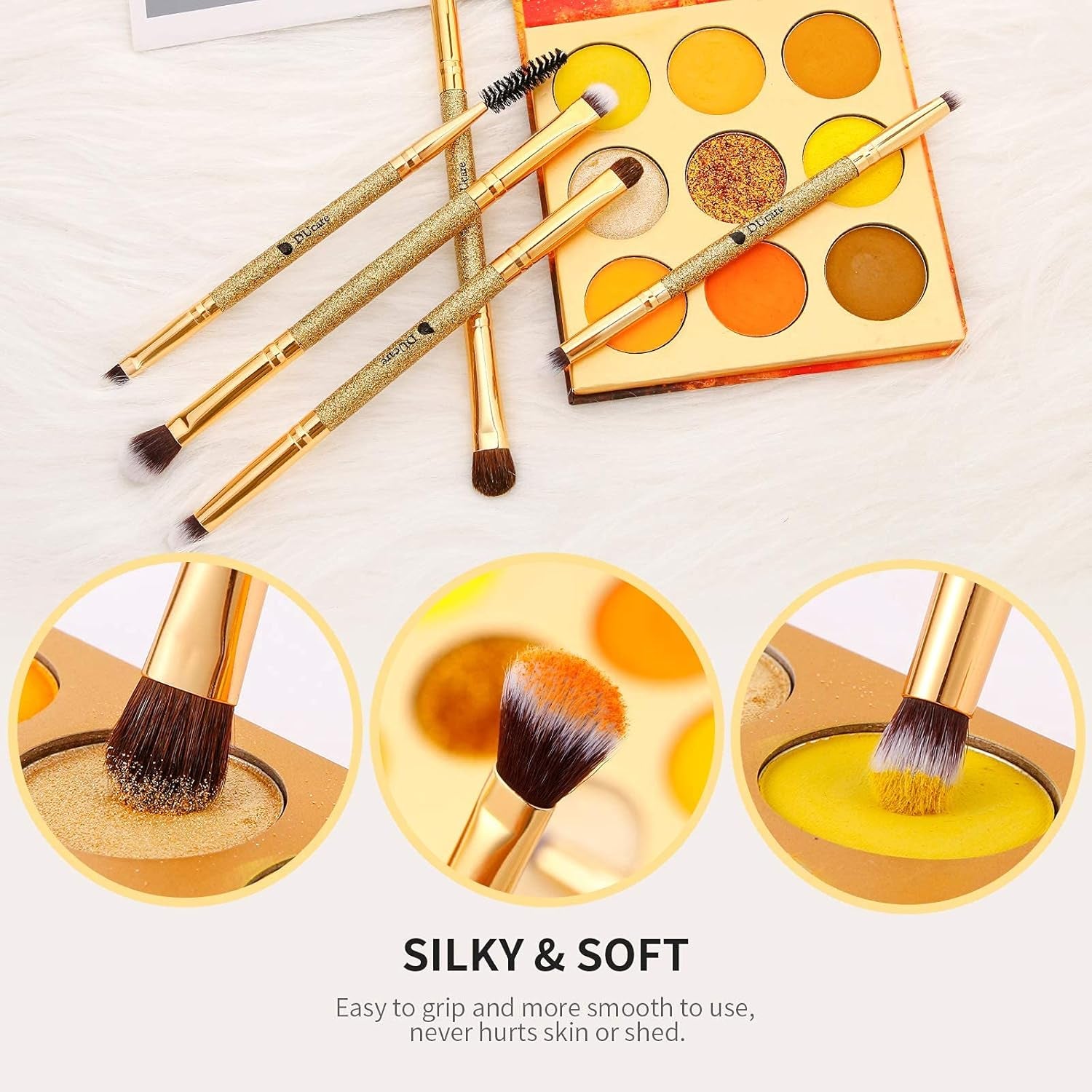 Flat Top Kabuki Foundation Brush + 5Pcs Eyeshadow Brush Set Duo End Eye Makeup Brushes Golden Glitter